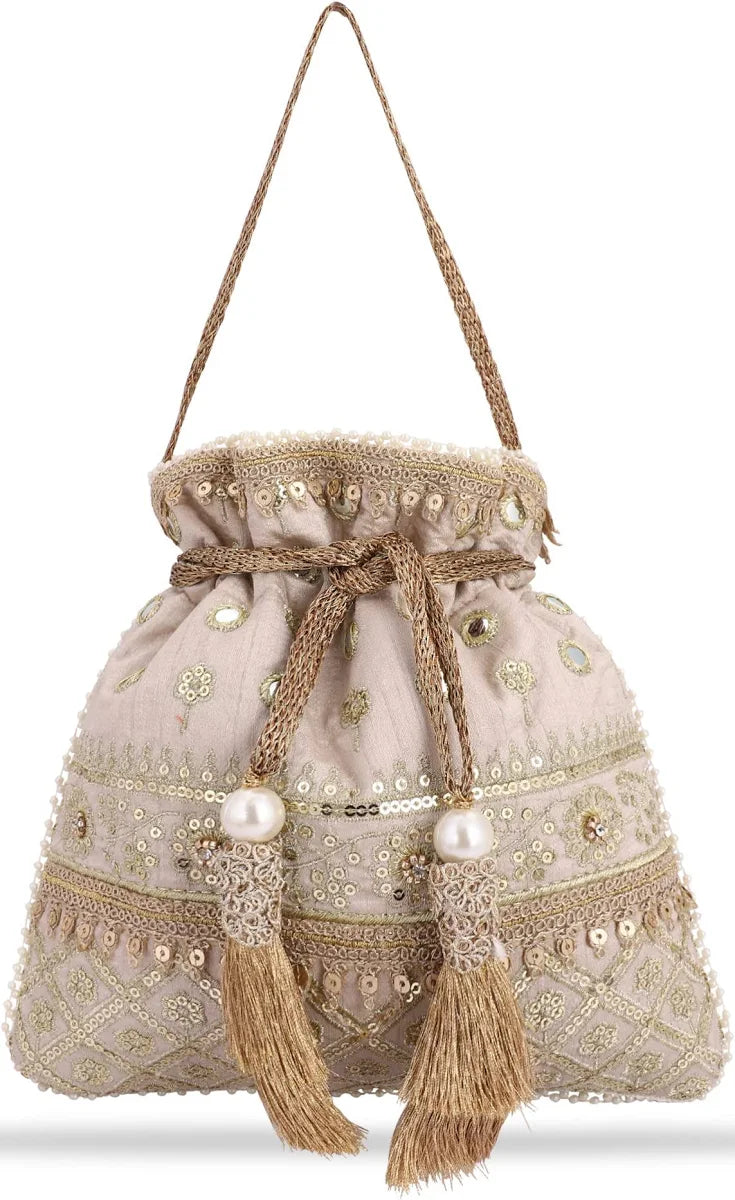Rizarah beige pearl anar potli bag